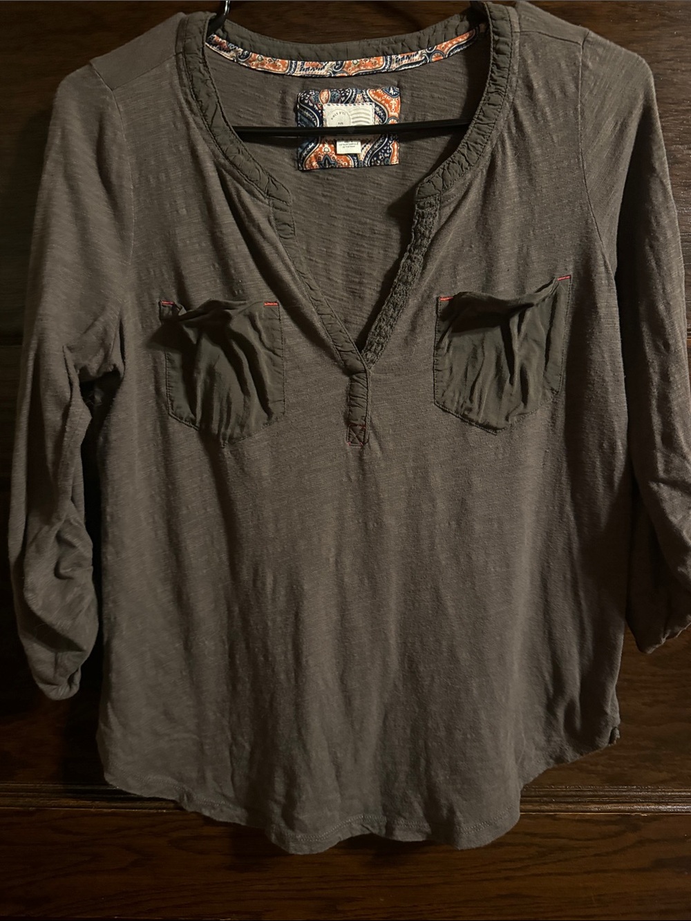 Anthropologie Olive Brown V-Neck Long Sleeve Pocket Tee